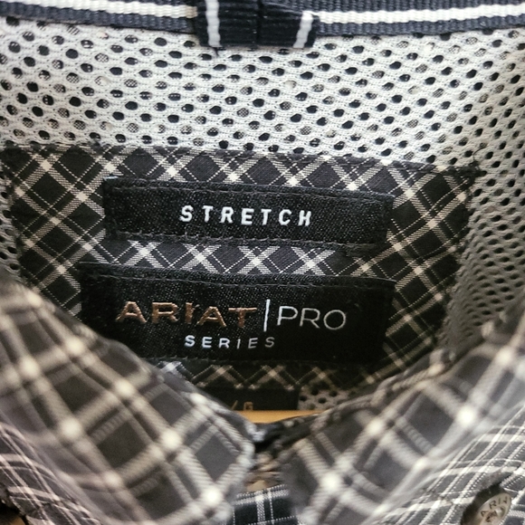 🌿Ariat Pro Stretch Series Mens Large Black & White Plaid Longsleeve Shirt - Picture 7 of 11
